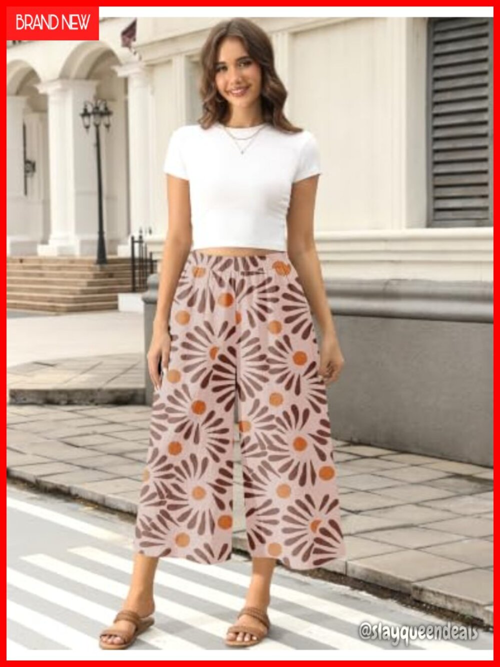 Wide Leg Linen Capri Pants Elastic Waist Palazzo Trousers with Pockets - Picture 2 of 7